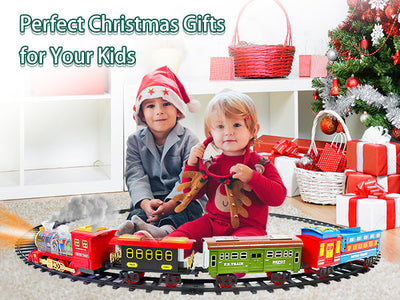 Juego de tren eléctrico de Navidad con vagón deformable, 4 coches de aleación aleatorios, sonido, humo y luz fría, tren para árbol de Navidad, regalo para niños