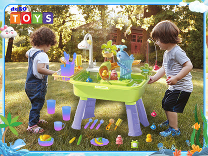 Beach Table & Simulation Kitchen Sink 2-in-1 Toy Set with Water Supply Function Simulation Dishwashing Set with Faucet Color-changing Tableware in Warm Water Children's Role Playing Toy with Accessories Gift