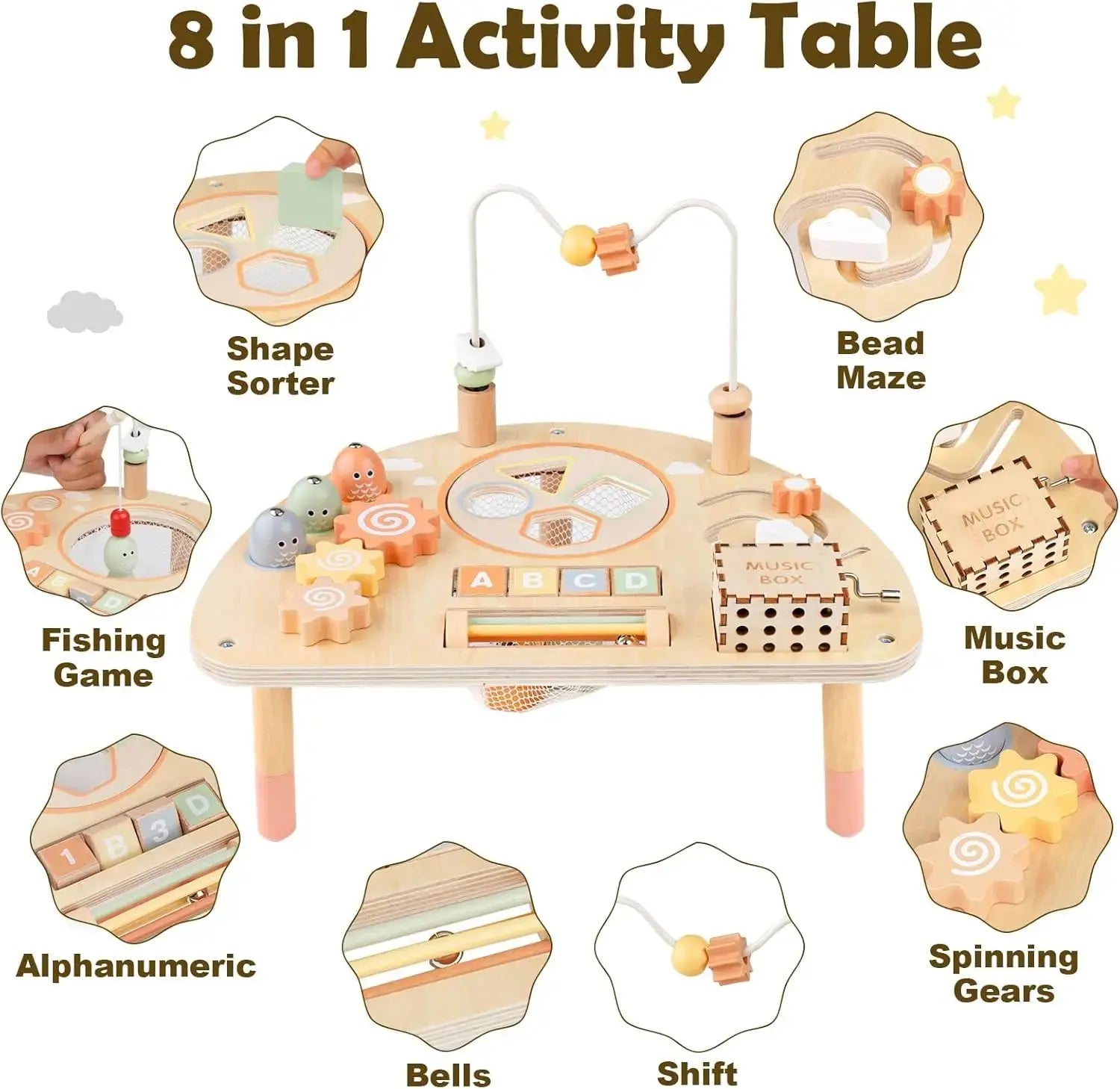 Fidtoy Wooden Activity Table for Toddlers 8-in-1 Montessori Learning Toy Multi Activity Play Table