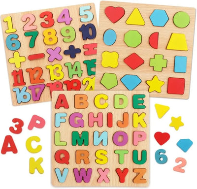 Fidtoy Wooden Alphabet, Numbers & Shapes Puzzle Set for Kids – Montessori Educational Toy for Early Learning