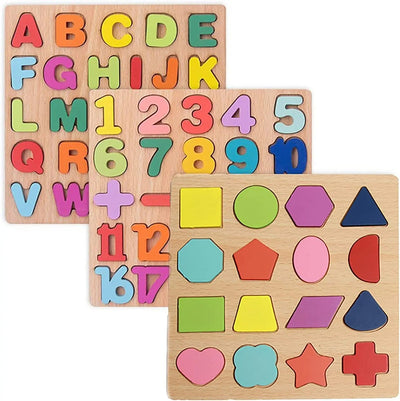 Fidtoy Wooden Alphabet, Numbers & Shapes Puzzle Set for Kids – Montessori Educational Toy for Early Learning