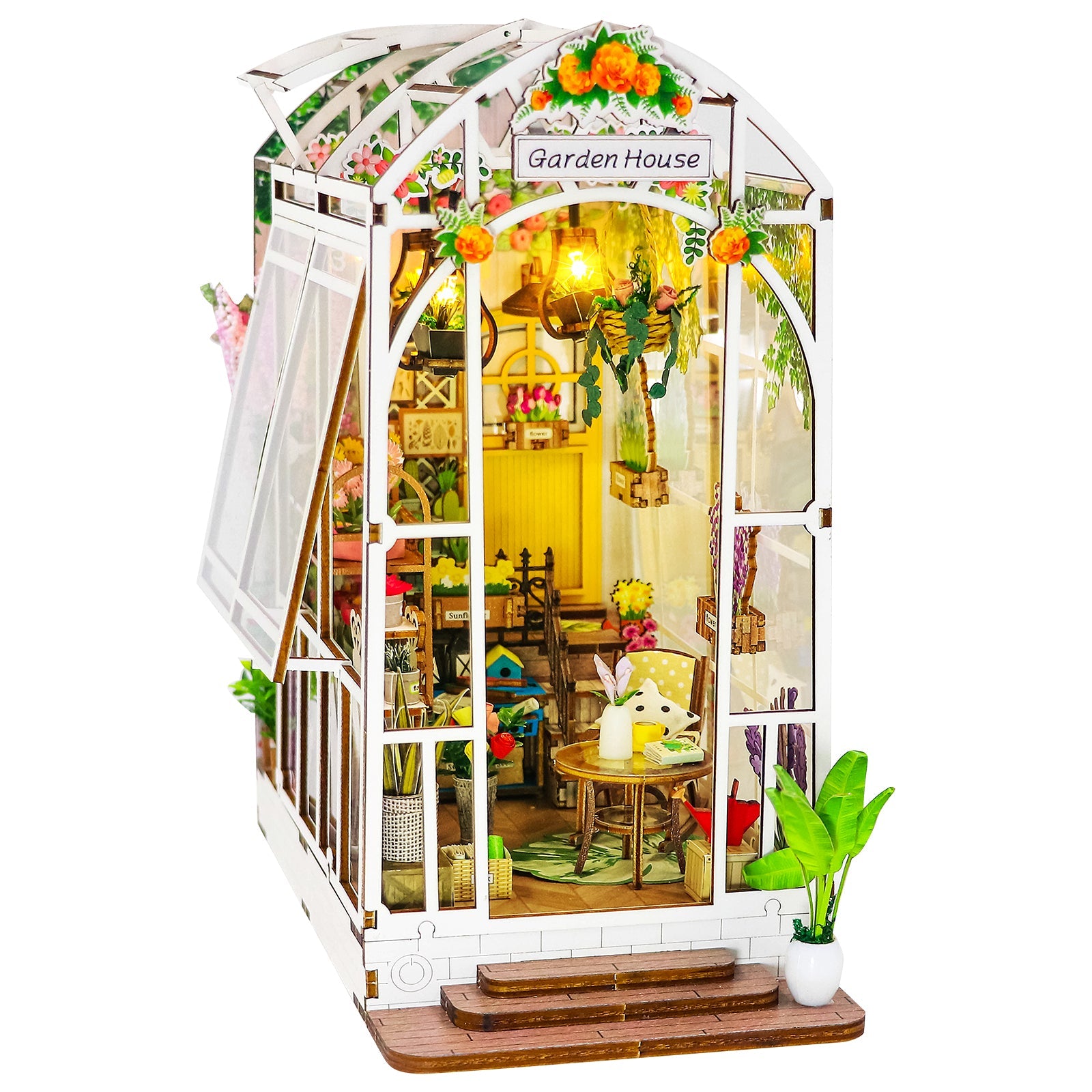 Wooden DIY Miniature Gardenhouse Scene Book Nook Kit 3D Wooden Puzzle Bookend Book Shelf with LED Decoration Gift