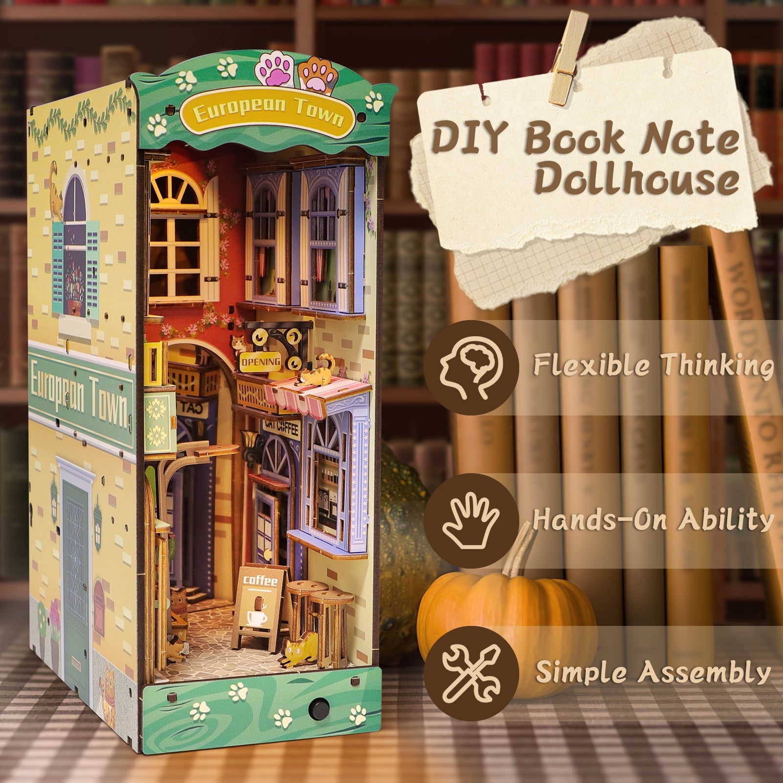 DIY Book Nook Kit DIY Dollhouse Booknook Bookshelf Insert Decor Alley Book Nook Wood Bookend Model Building (Stree & Cat Modle)