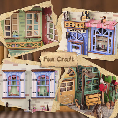 DIY Book Nook Kit DIY Dollhouse Booknook Bookshelf Insert Decor Alley Book Nook Wood Bookend Model Building (Stree & Cat Modle)