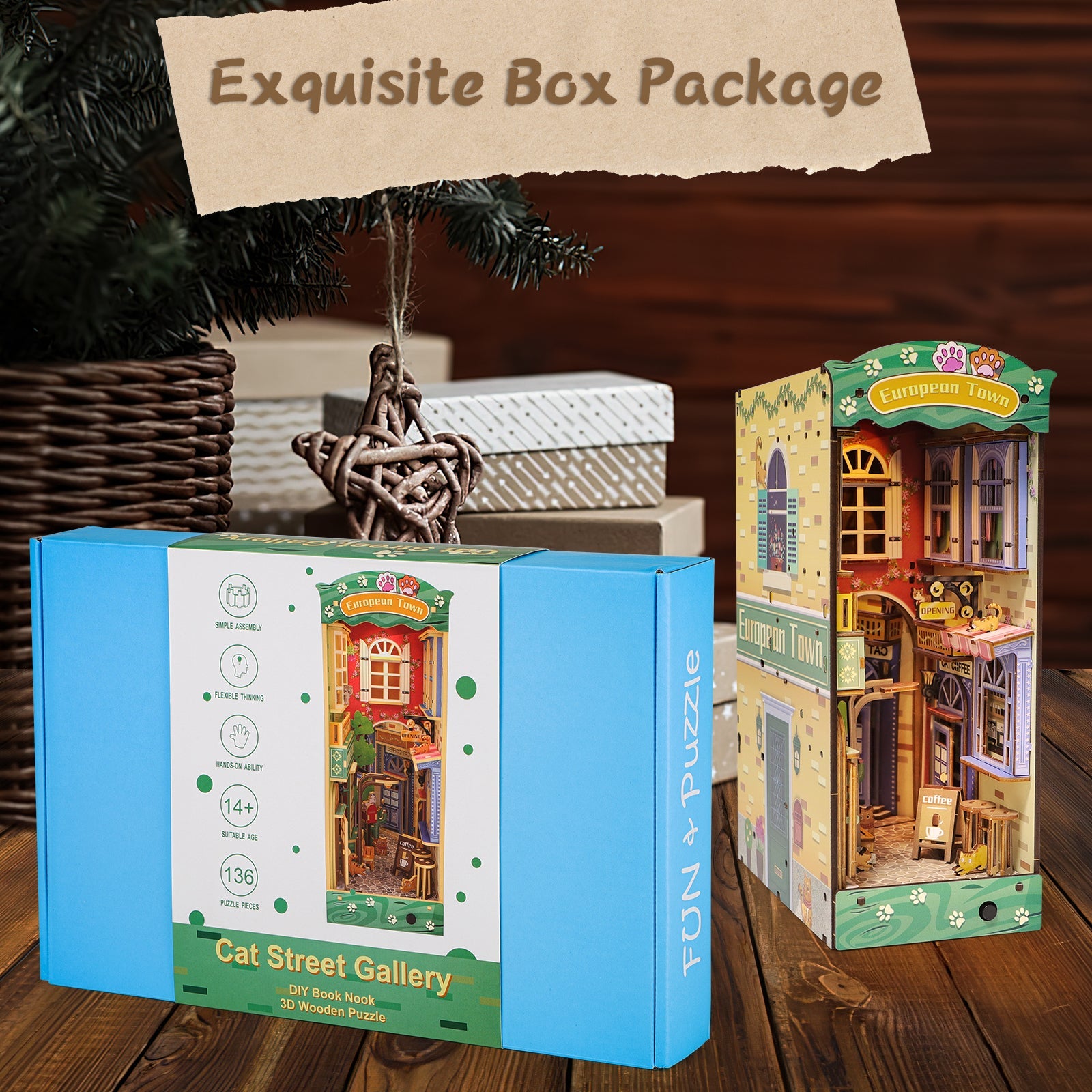 DIY Book Nook Kit DIY Dollhouse Booknook Bookshelf Insert Decor Alley Book Nook Wood Bookend Model Building (Stree & Cat Modle)