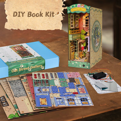 DIY Book Nook Kit DIY Dollhouse Booknook Bookshelf Insert Decor Alley Book Nook Wood Bookend Model Building (Stree & Cat Modle)