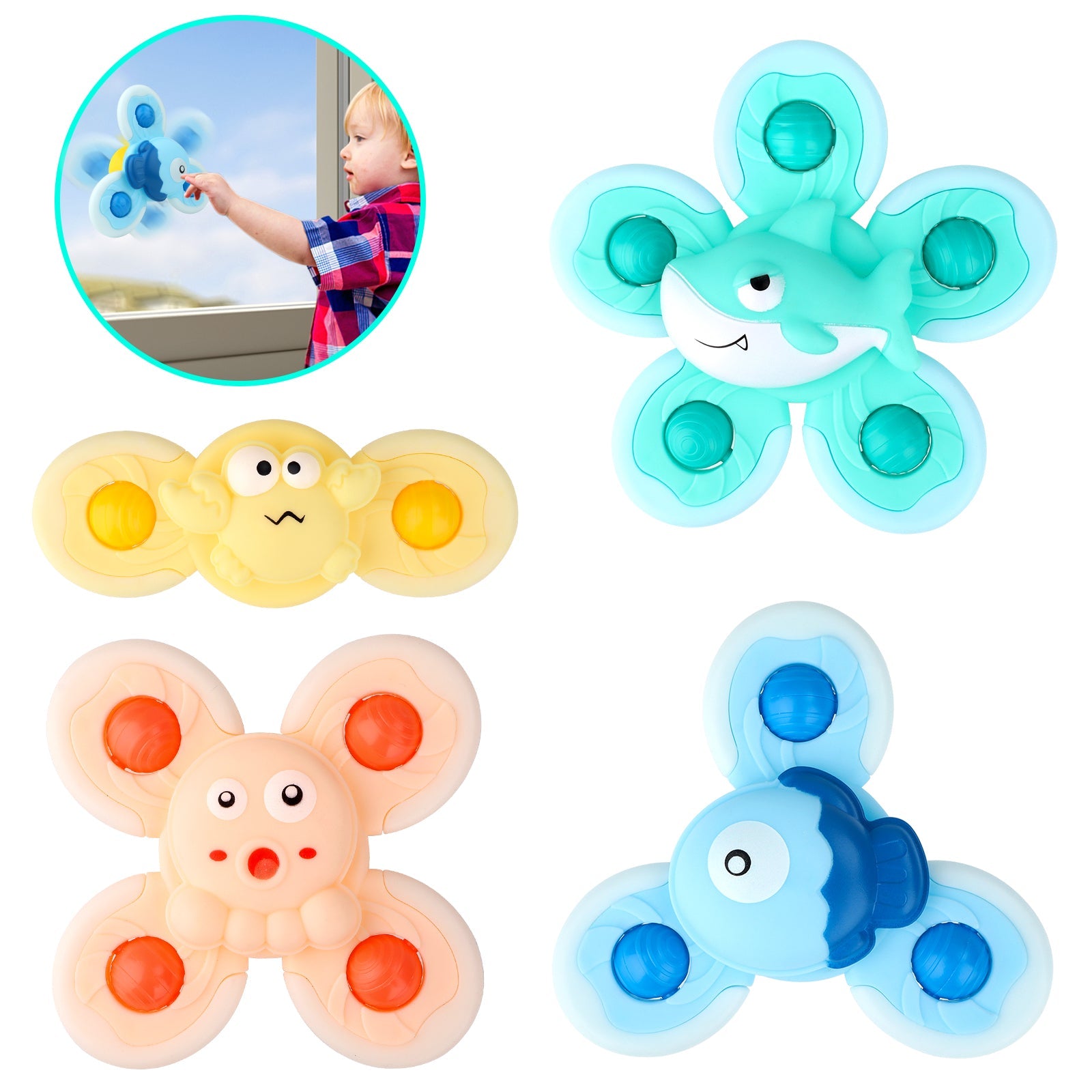 4PCS Suction Cup Hand Spinner Toys, Fidget Spinner for kids with Suction Cup Baby interactive Sensory Toy Bath Spinning Toys for Toddlers