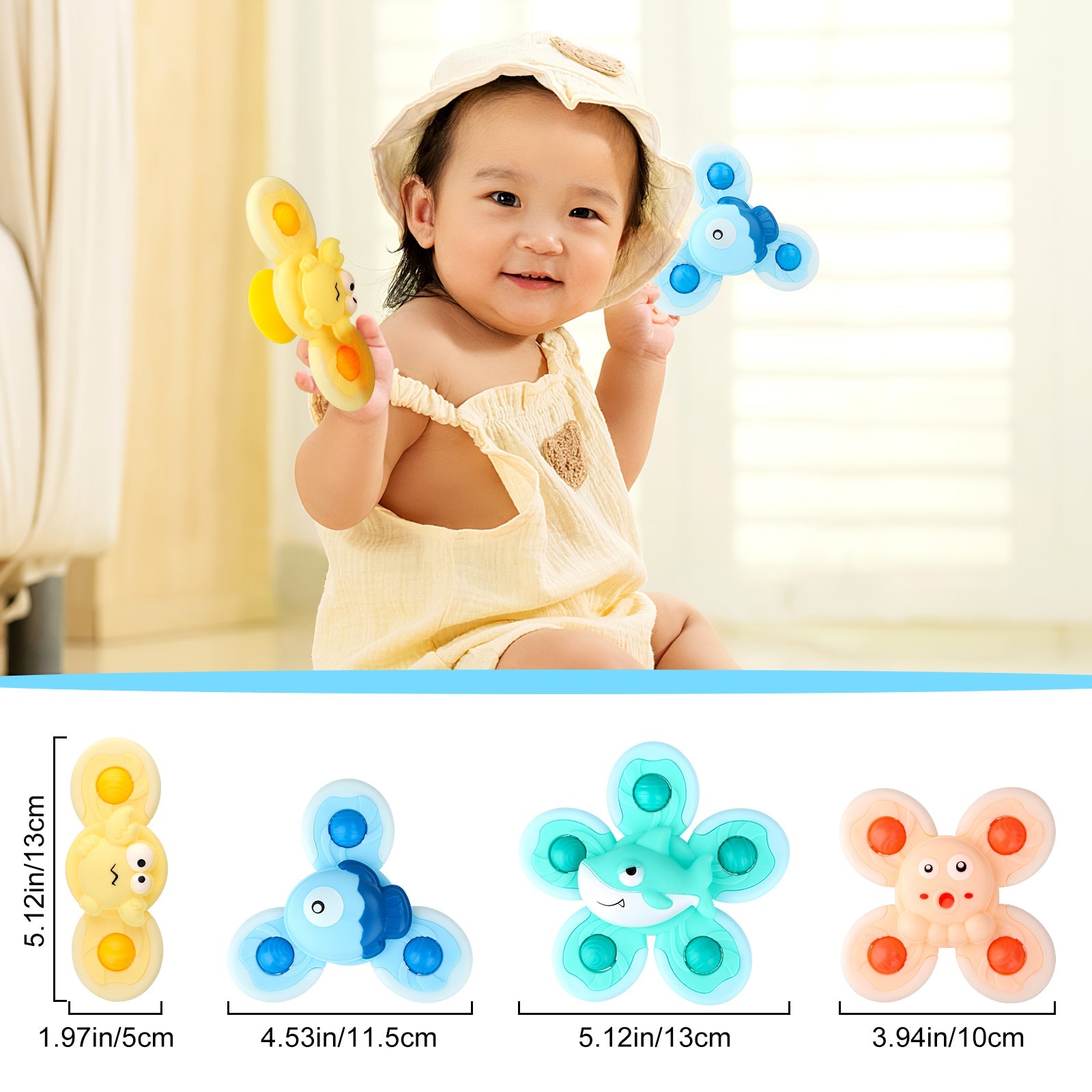 4PCS Suction Cup Hand Spinner Toys, Fidget Spinner for kids with Suction Cup Baby interactive Sensory Toy Bath Spinning Toys for Toddlers