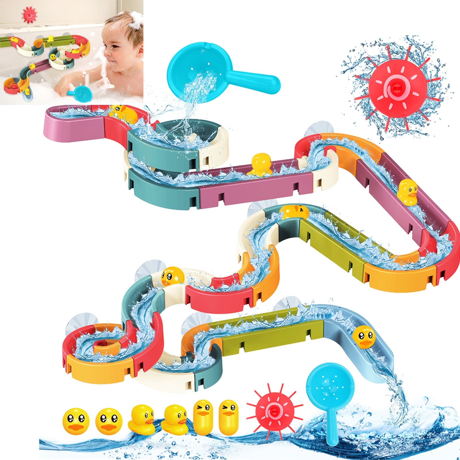Bath Toys Baby Bathtub Toys Water Balls Slide Track Game Shower Water Slide w/Suction Cups Toddler Bath Pool Toys DIY Educational For Kids