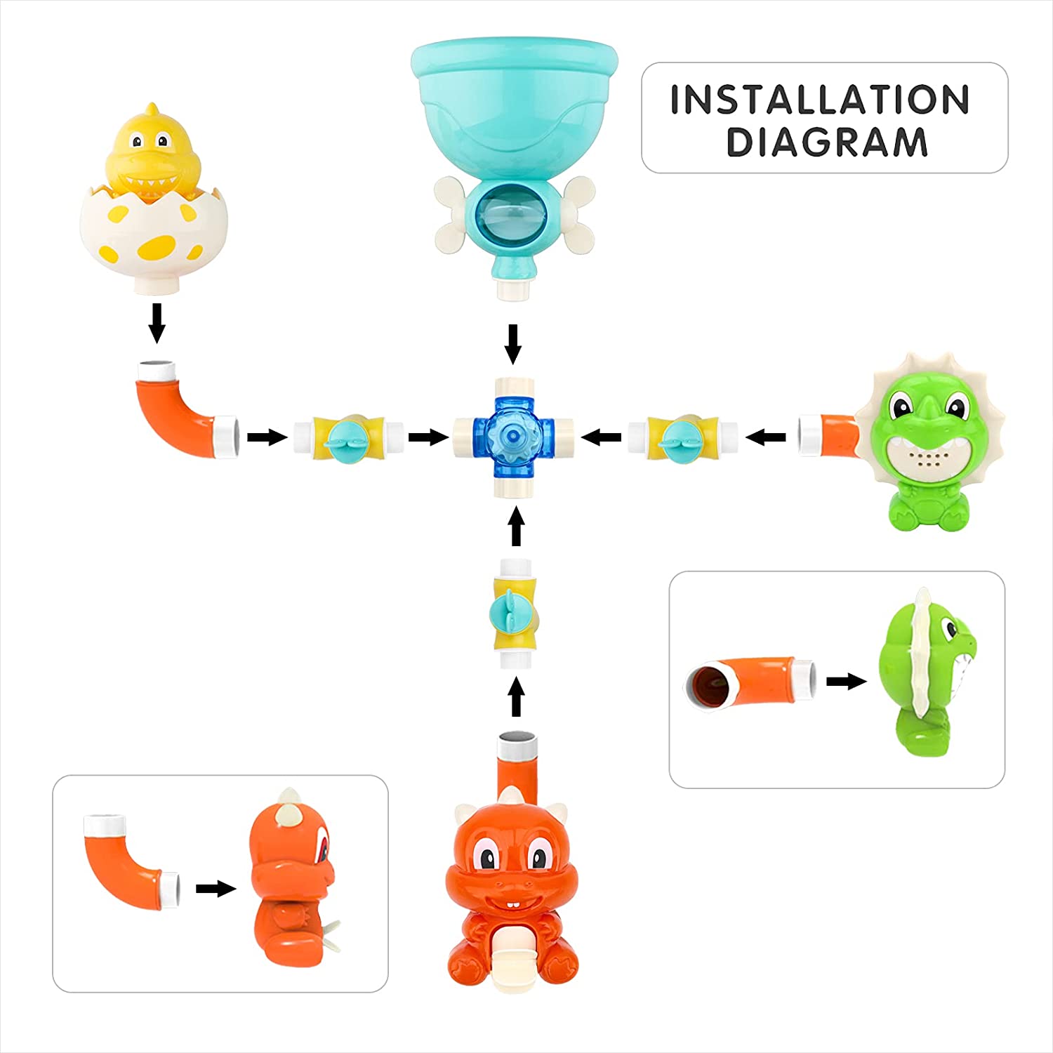 Baby Bath Dinosaur Toy Water Pipes with Waterwheel and Variety of Sea Animals Bathtime Play Toys Safe Material for Children