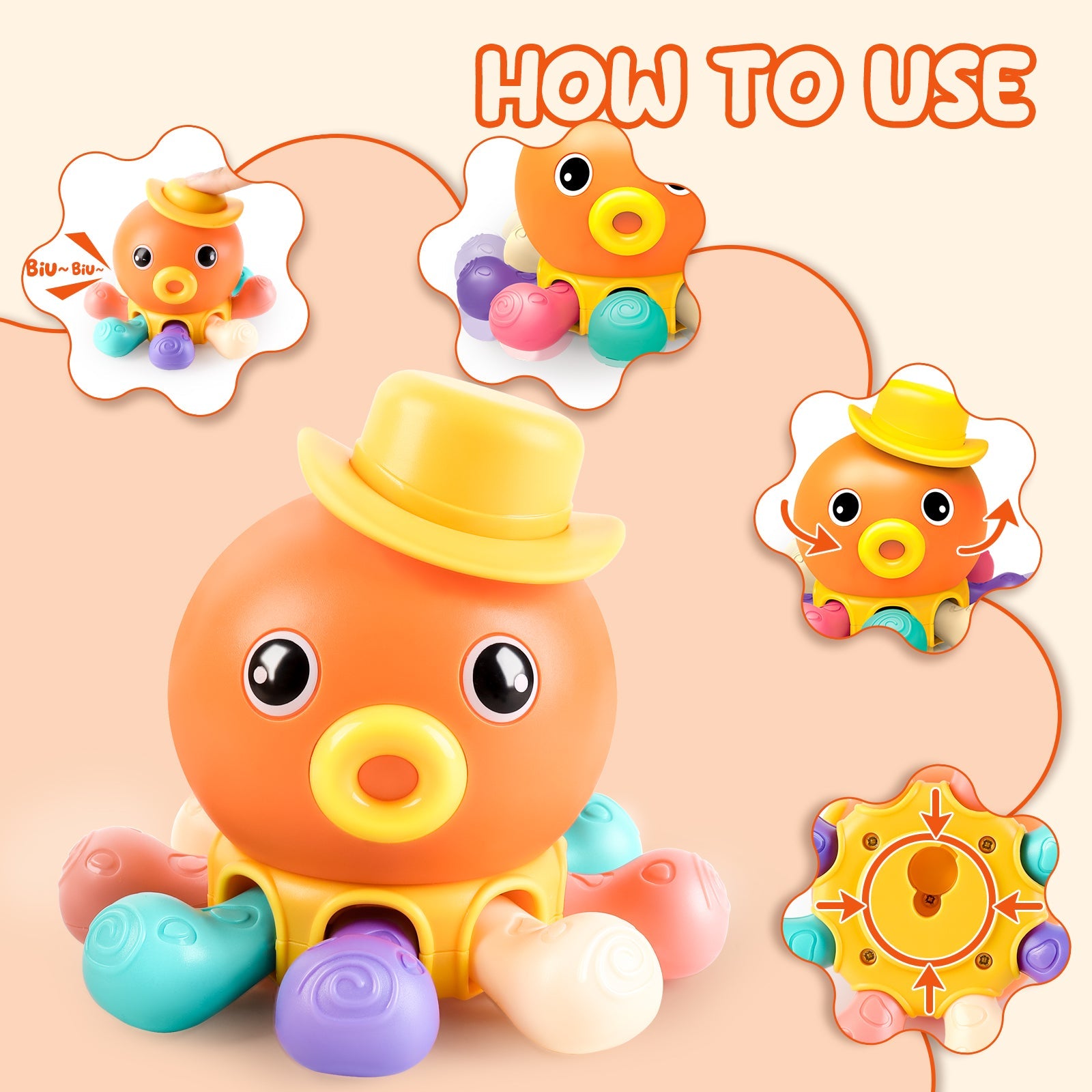 Orange Octopus Sensory Finger Toy Perfect Gift for Kids Sensory Animal Toys Musical and Sound Toys