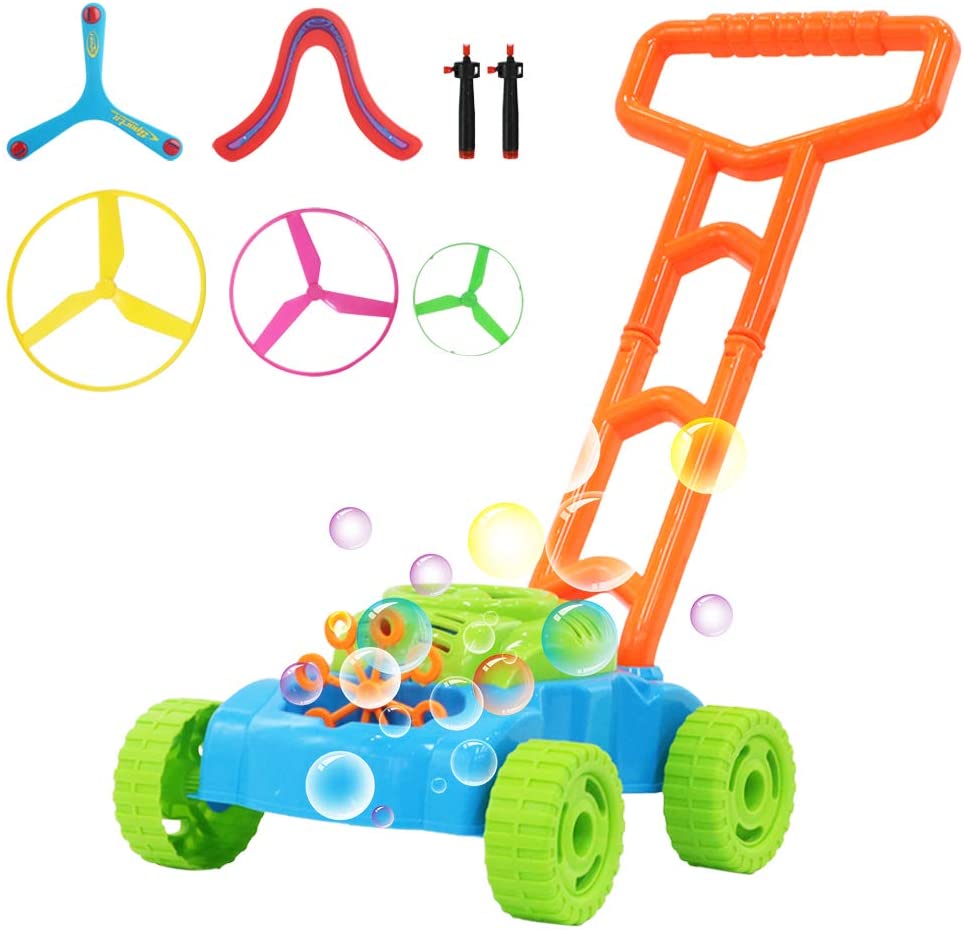 2-in-1 Super Bubble Push along Lawnmower Toy Machine Boomerangs and UFO Flyers for Indoor and Outdoor Use–Great Christmas Gift for Kids