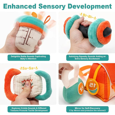 Fidtoy Baby Plush Rattle Toy Set First Gym Kit Sensory Toy with Storage Bag for Newborns and Toddlers