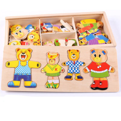 Fidtoy Wooden Dress-Up Bear Family for Toddlers – Creative Educational Toy with Outfits and Expressions
