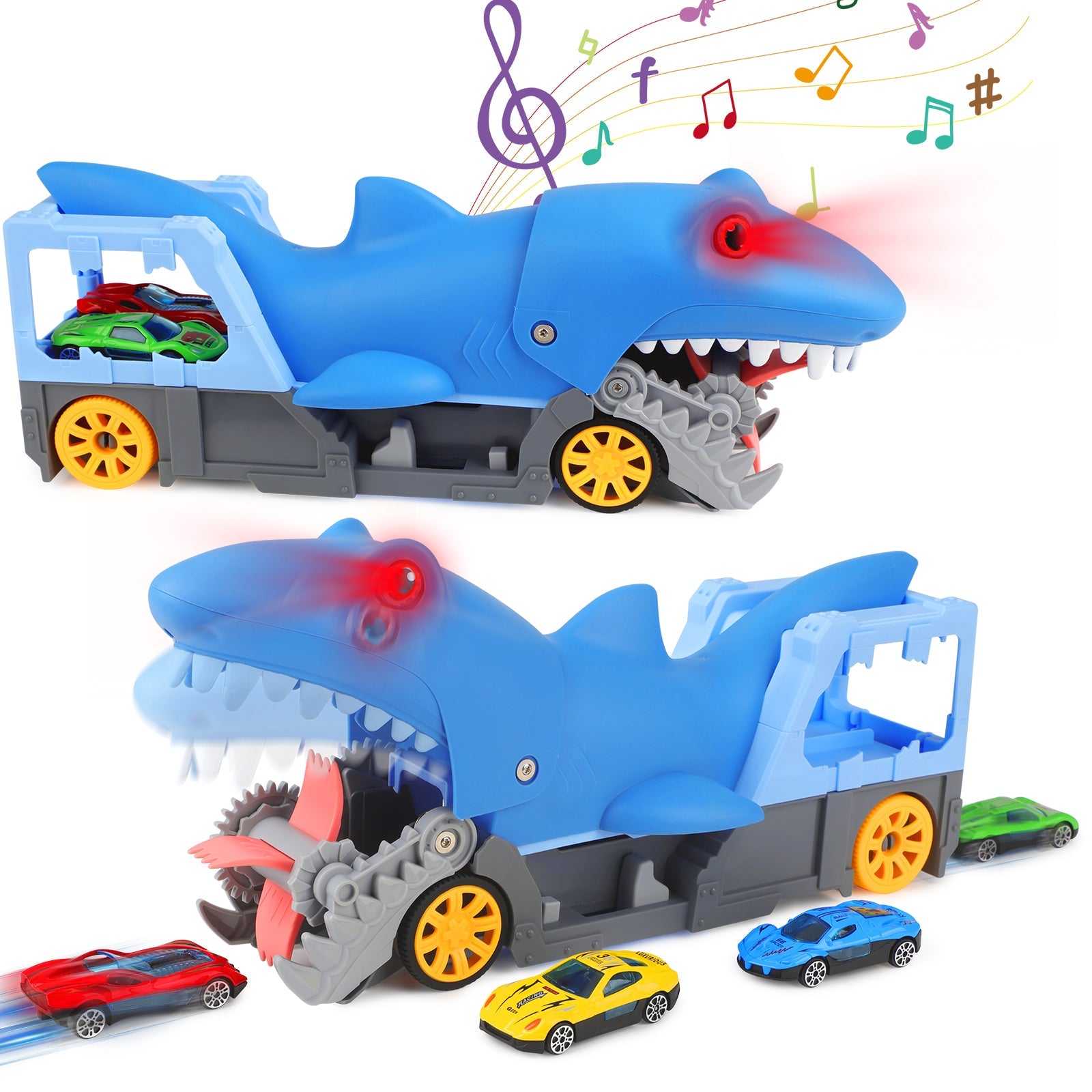 Shark Devour Transport Car Playset for kids Shark Chomp vehicle Toy with 4 Scale Car  Transport and Storage Vehicles