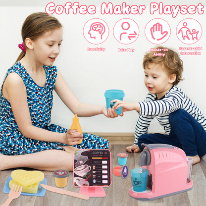 Coffee Shop Set with Coffee Maker Toy Menus Cash Register Toy Play Food Gift for Toddlers Boys Girls Aged 3+