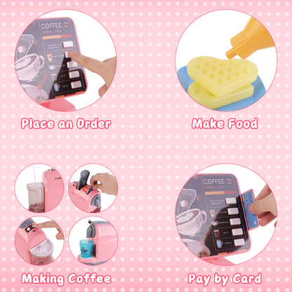 Coffee Shop Set with Coffee Maker Toy Menus Cash Register Toy Play Food Gift for Toddlers Boys Girls Aged 3+
