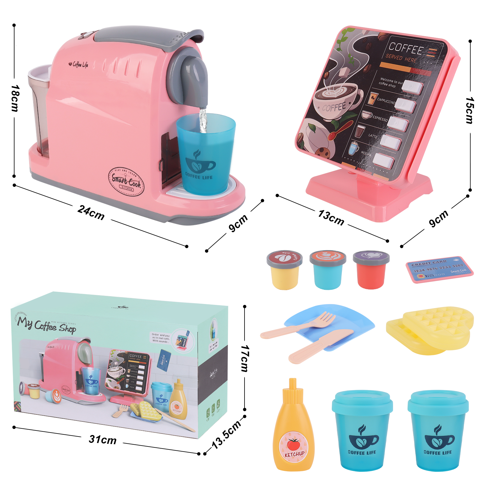 Coffee Shop Set with Coffee Maker Toy Menus Cash Register Toy Play Food Gift for Toddlers Boys Girls Aged 3+