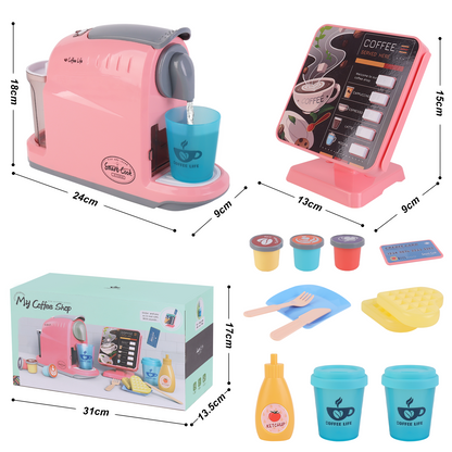 Coffee Shop Set with Coffee Maker Toy Menus Cash Register Toy Play Food Gift for Toddlers Boys Girls Aged 3+
