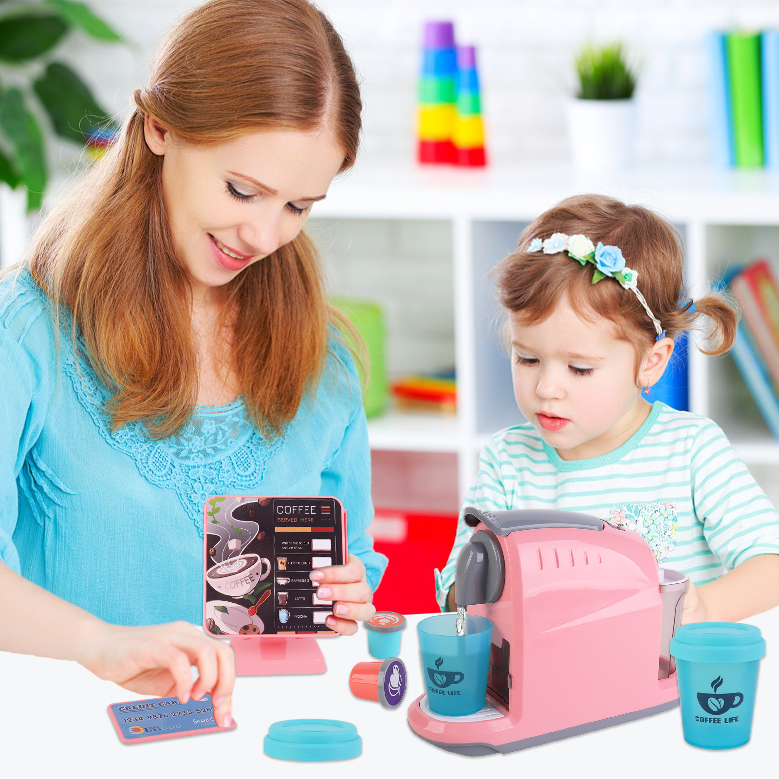 Coffee Shop Set with Coffee Maker Toy Menus Cash Register Toy Play Food Gift for Toddlers Boys Girls Aged 3+