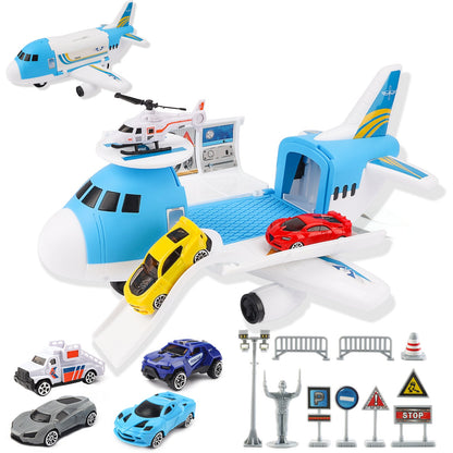 Transport Cargo DIY Plane Car Toy Play Set with Ramp and 4 Mini Car, 1 Helicopter Included - Fun Educational Toy for Kids