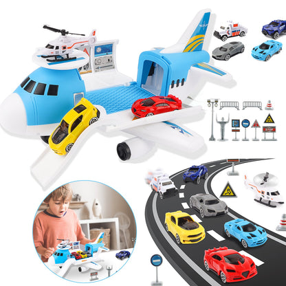 Transport Cargo DIY Plane Car Toy Play Set with Ramp and 4 Mini Car, 1 Helicopter Included - Fun Educational Toy for Kids