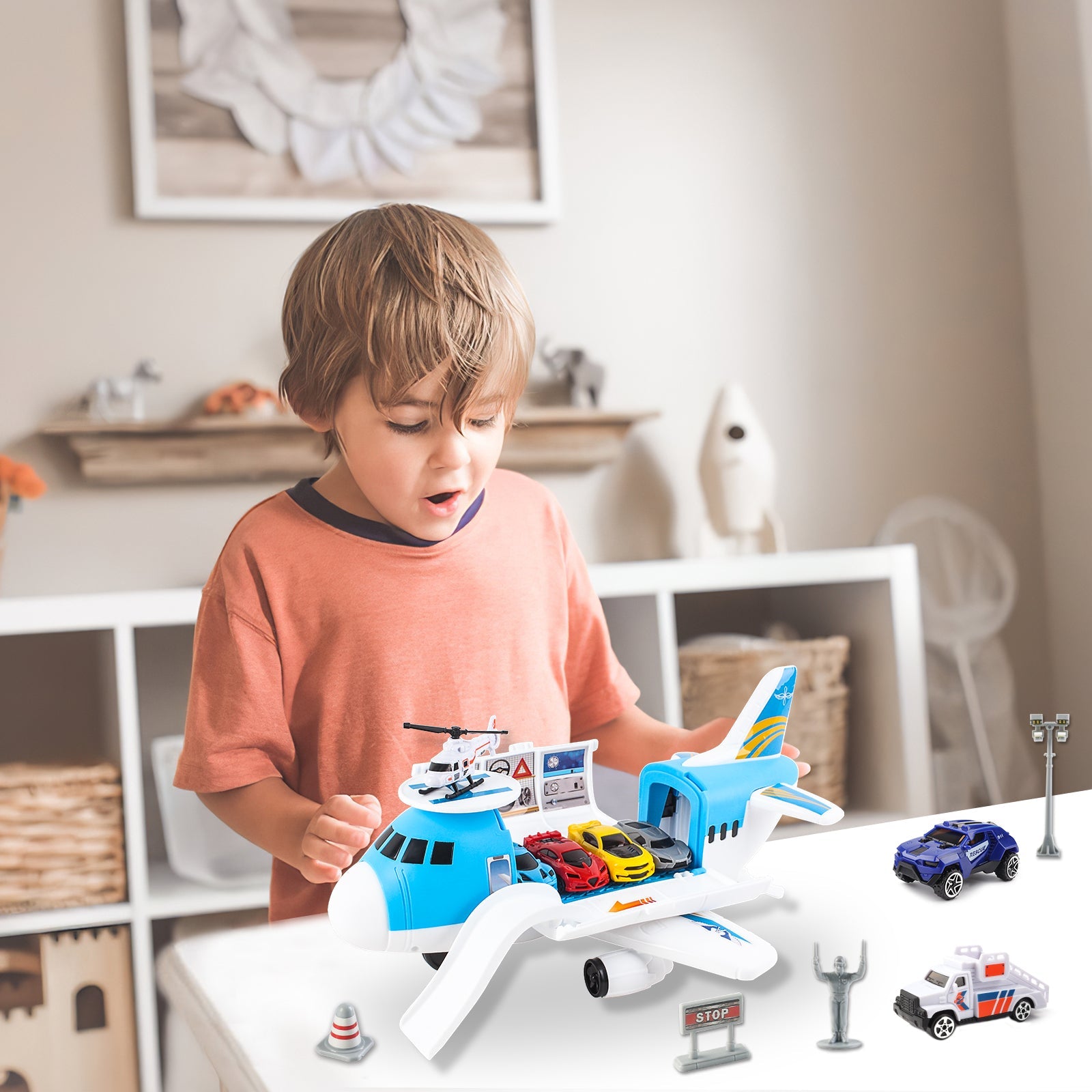 Transport Cargo DIY Plane Car Toy Play Set with Ramp and 4 Mini Car, 1 Helicopter Included - Fun Educational Toy for Kids