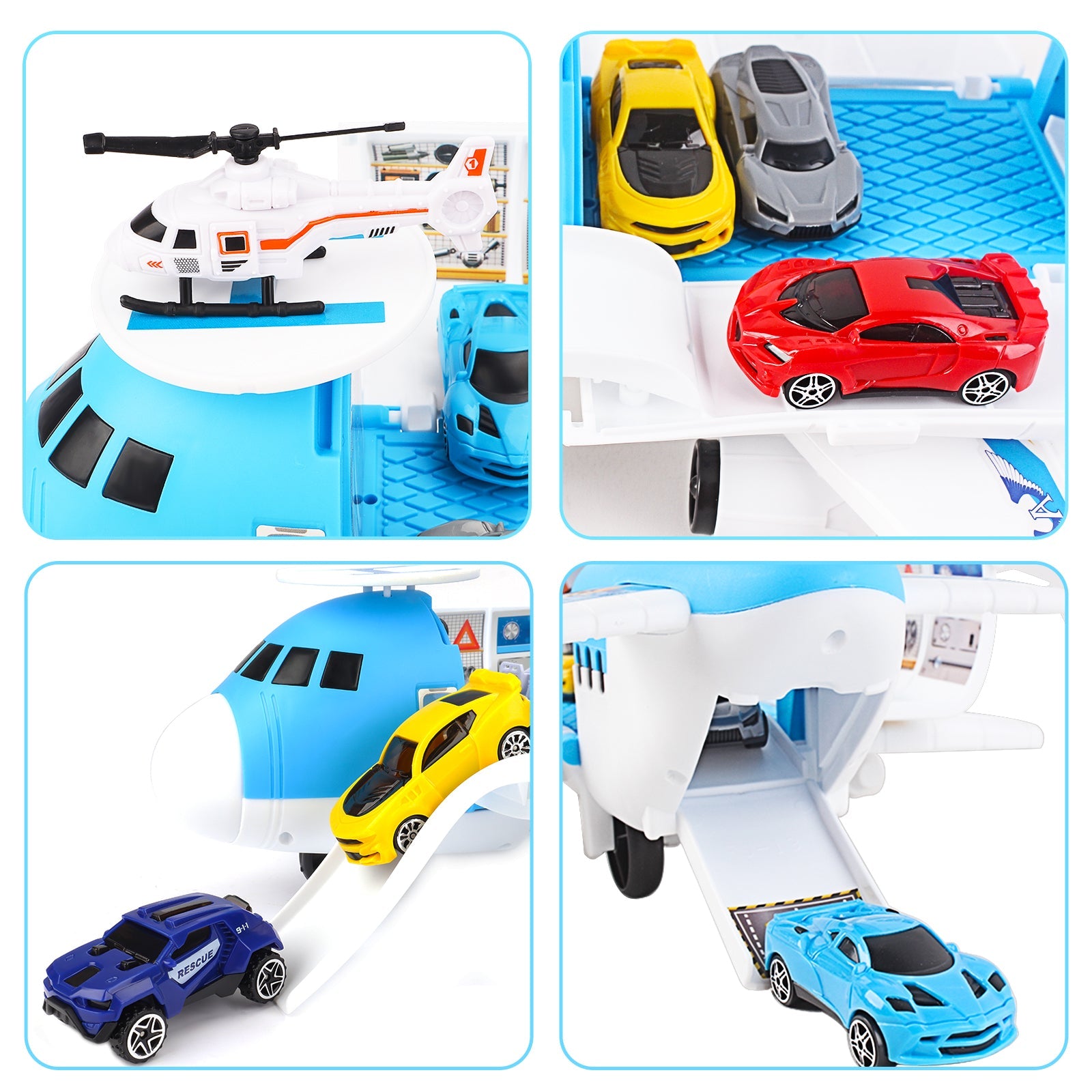 Transport Cargo DIY Plane Car Toy Play Set with Ramp and 4 Mini Car, 1 Helicopter Included - Fun Educational Toy for Kids