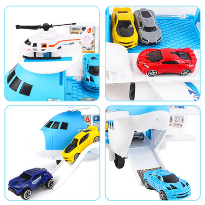 Transport Cargo DIY Plane Car Toy Play Set with Ramp and 4 Mini Car, 1 Helicopter Included - Fun Educational Toy for Kids