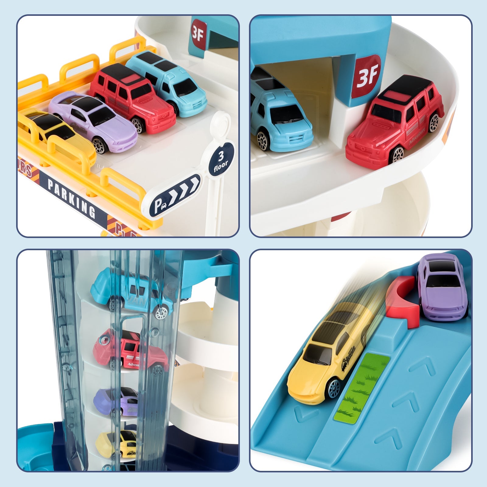 Garage Track Set with Music and Light Effects 3-story Parking Building with Electric Elevator Toys Vehicle Garages Great Present for Kids