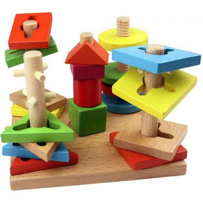 Wooden Educational Five 5 Column Shape Motor Skills Coordination Stacker