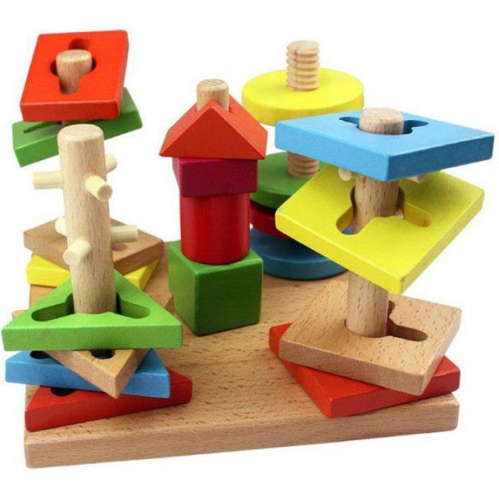 Wooden Educational Five 5 Column Shape Motor Skills Coordination Stacker