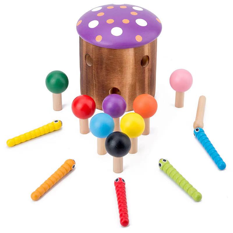 Wooden Catch Mushroom and Worms Game- Fine motor skills toys