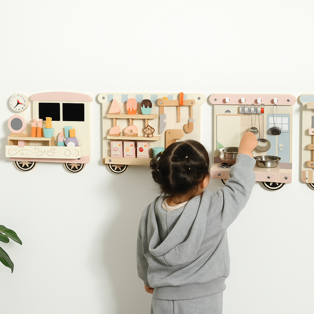 Wooden Pretend Play Wall Panel Train Set – Interactive Role Play Activity for Kids (Ice Cream Shop, Kitchen, Makeup & Tools)