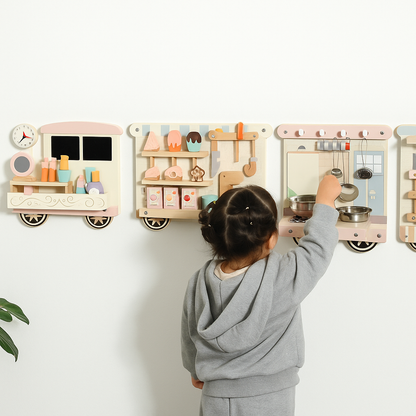 Wooden Pretend Play Wall Panel Train Set – Interactive Role Play Activity for Kids (Ice Cream Shop, Kitchen, Makeup & Tools)
