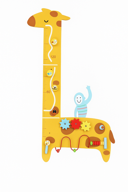 Wooden Giraffe Sensory Height Chart – Montessori Wall Panel with Activity Board for Kids