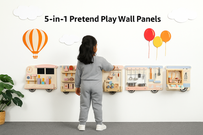 Wooden Pretend Play Wall Panel Train Set – Interactive Role Play Activity for Kids (Ice Cream Shop, Kitchen, Makeup & Tools)
