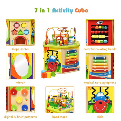 Fidtoy 7-in-1 Wooden Activity Cube – Montessori Learning Toy for Toddlers