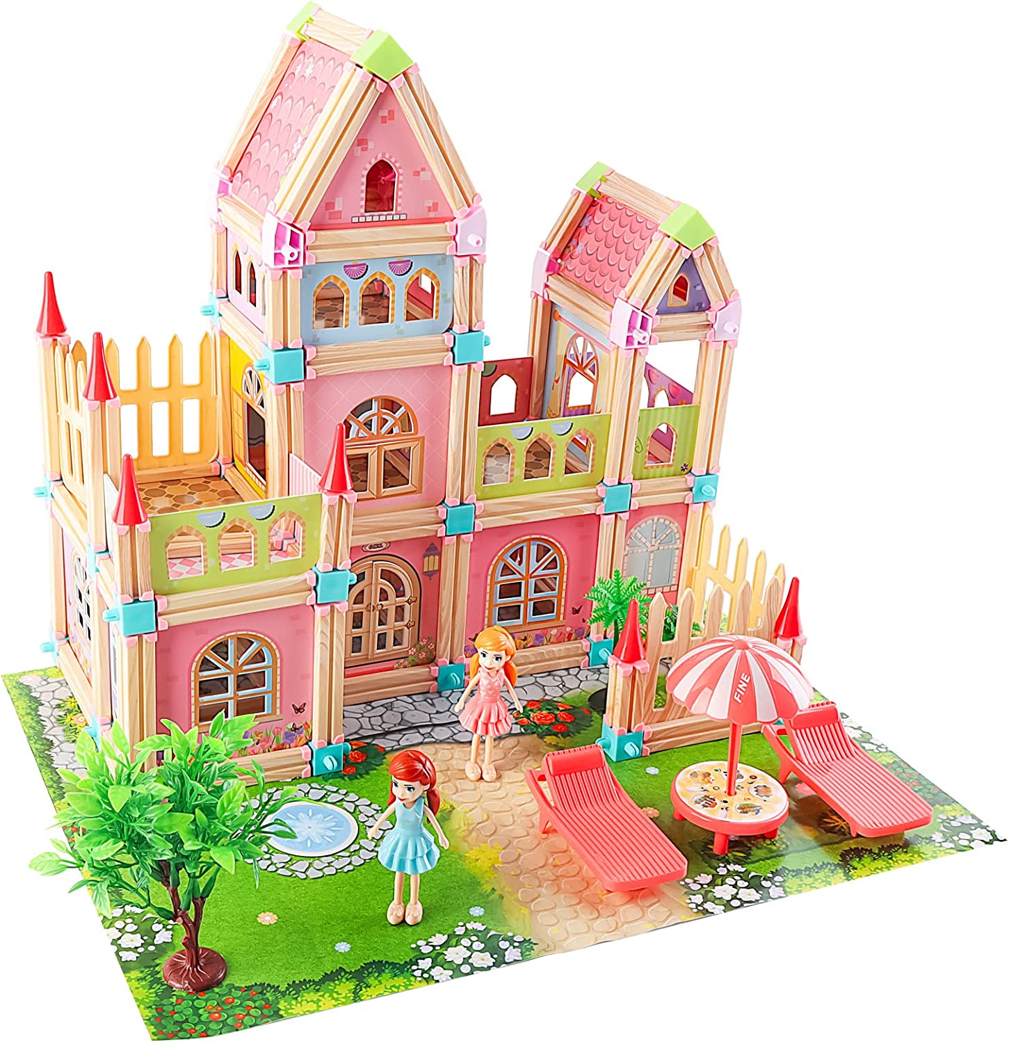 Kids Dollhouse DIY Building Block House Pretend Play Castle Dolls House Playset with Map & Dolls Accessories, Princess Dream House