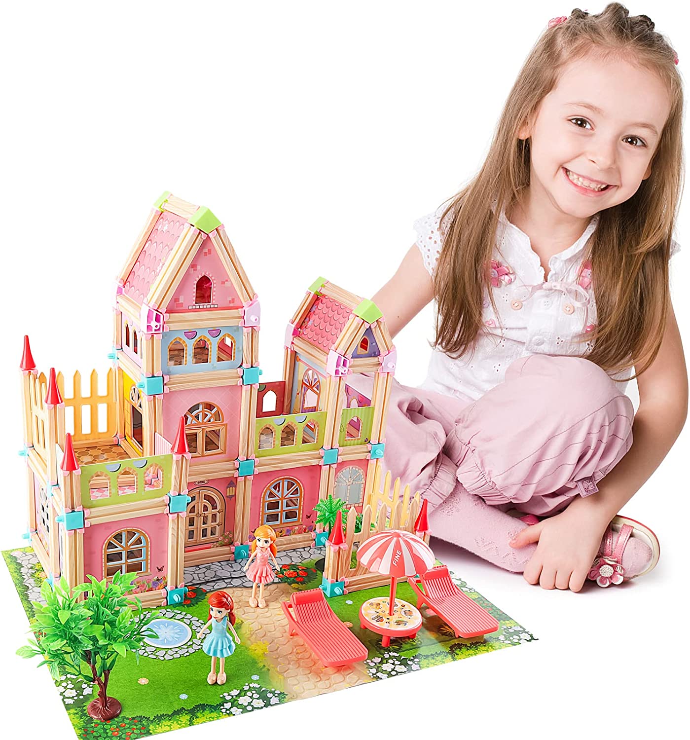 Kids Dollhouse DIY Building Block House Pretend Play Castle Dolls House Playset with Map & Dolls Accessories, Princess Dream House