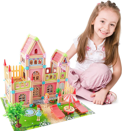 Kids Dollhouse DIY Building Block House Pretend Play Castle Dolls House Playset with Map & Dolls Accessories, Princess Dream House