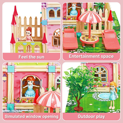 Maison de poupée pour enfants, blocs de construction à assembler, château de jeu avec carte et accessoires de poupée, maison de rêve de princesse