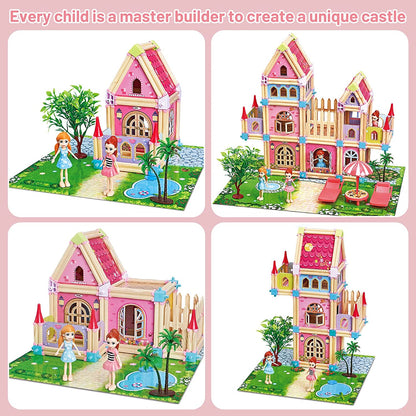 Kids Dollhouse DIY Building Block House Pretend Play Castle Dolls House Playset with Map & Dolls Accessories, Princess Dream House