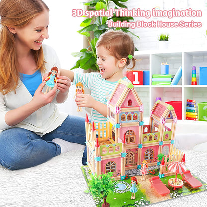 Kids Dollhouse DIY Building Block House Pretend Play Castle Dolls House Playset with Map & Dolls Accessories, Princess Dream House