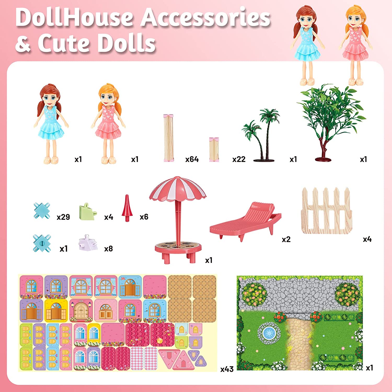 Kids Dollhouse DIY Building Block House Pretend Play Castle Dolls House Playset with Map & Dolls Accessories, Princess Dream House
