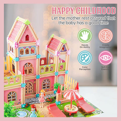 Kids Dollhouse DIY Building Block House Pretend Play Castle Dolls House Playset with Map & Dolls Accessories, Princess Dream House