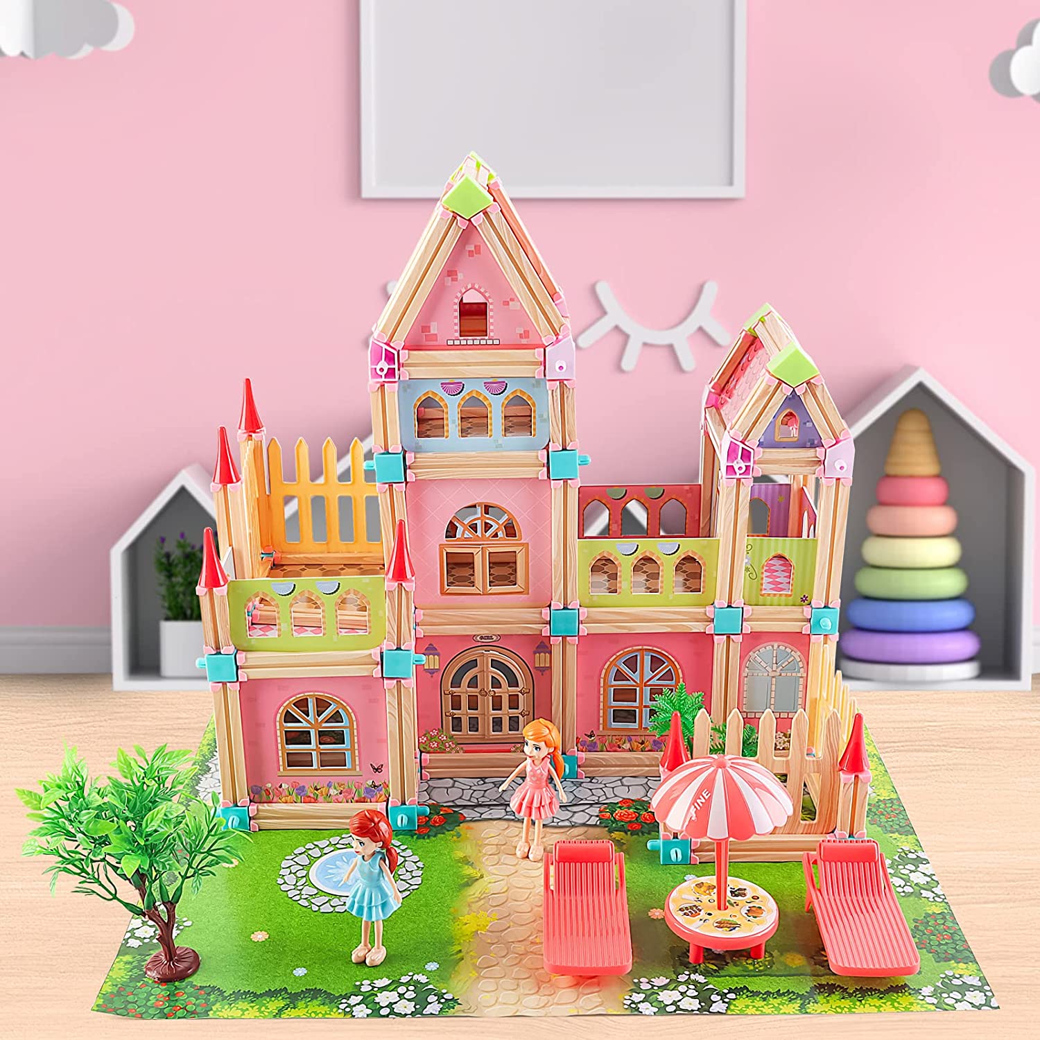 Kids Dollhouse DIY Building Block House Pretend Play Castle Dolls House Playset with Map & Dolls Accessories, Princess Dream House
