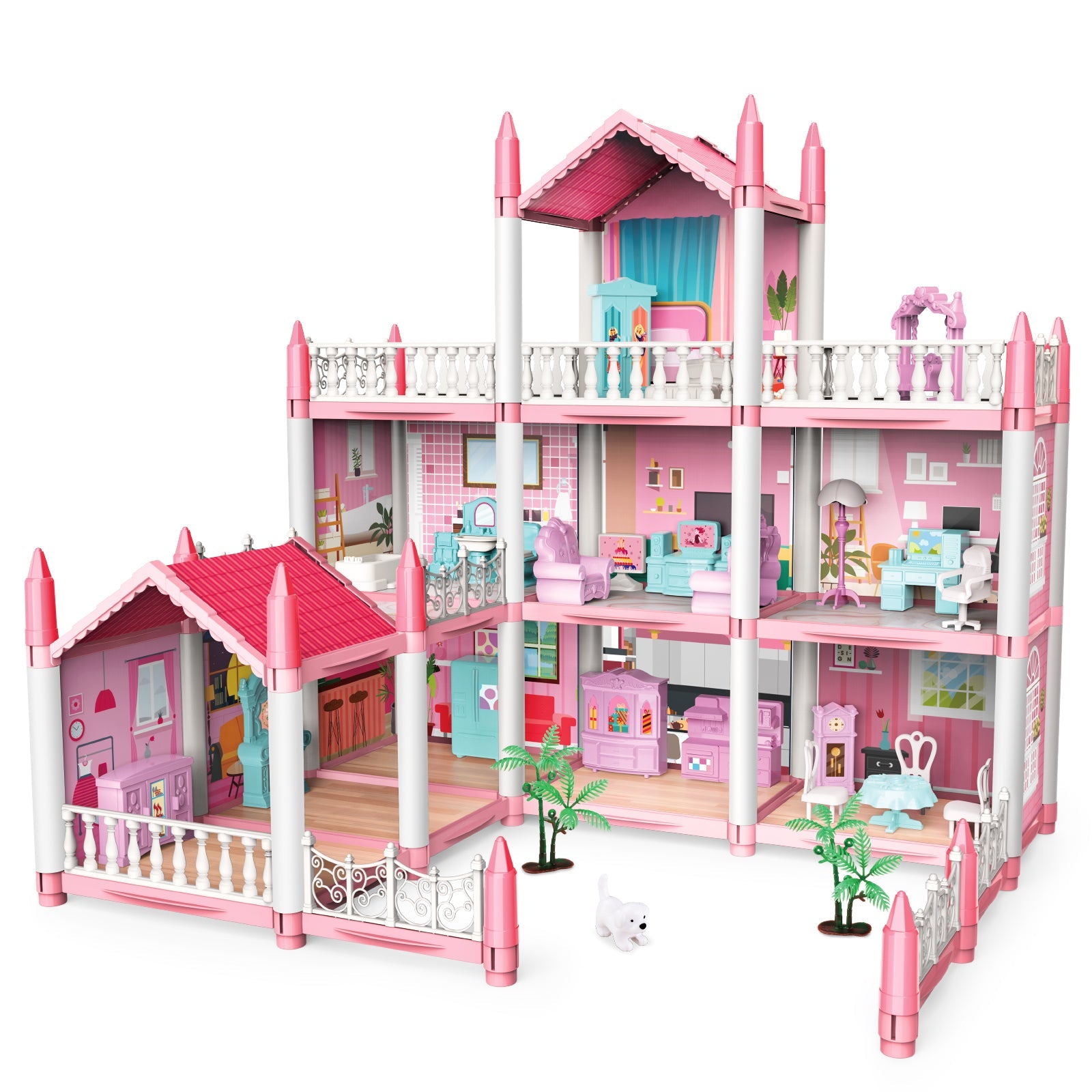 Kids Pink Grand Three Story Dolls House Playset with Furniture , Accessories and Outdoor Space