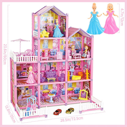 Princess My first Dolls House Kids Pink Grand Four Story Castle Dolls House Playset With Furniture Outdoor Space Open Sided For Girls