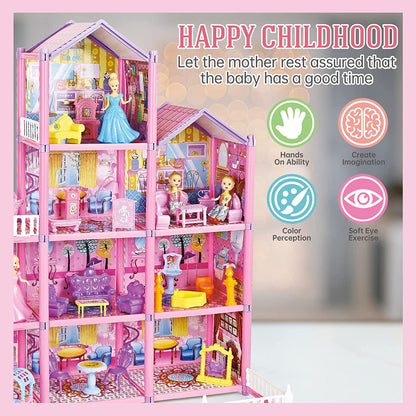 Princess My first Dolls House Kids Pink Grand Four Story Castle Dolls House Playset With Furniture Outdoor Space Open Sided For Girls